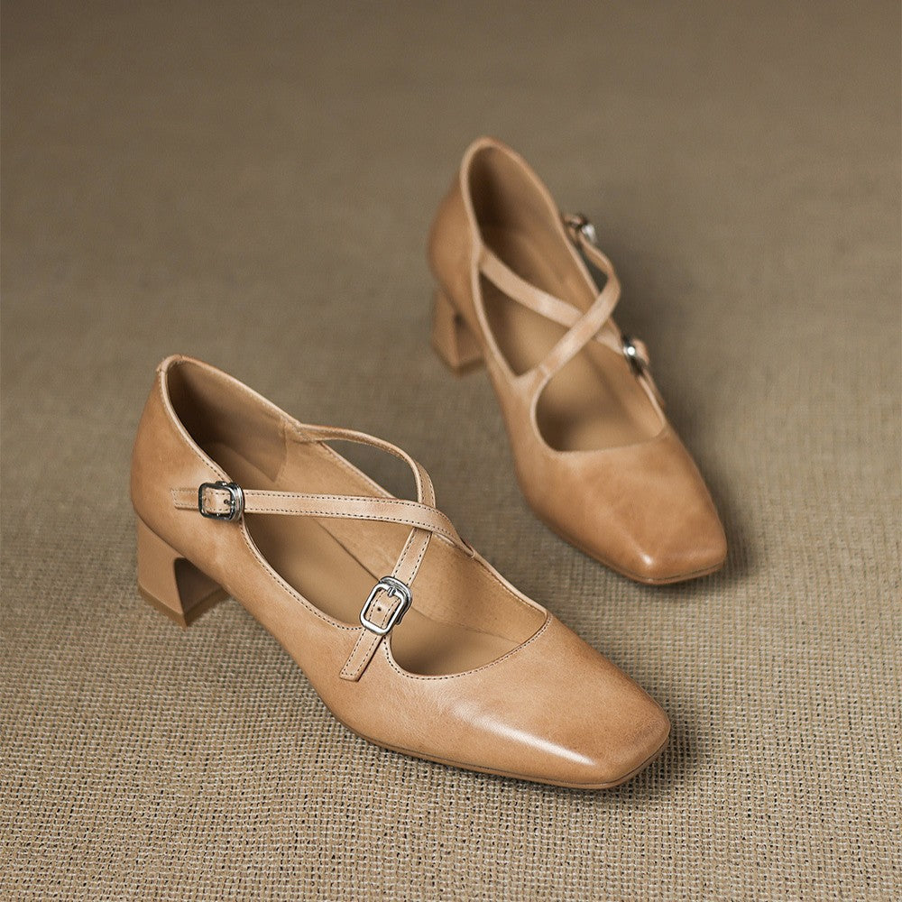 Women's Washed Leather Block Heel Mary Janes Corvine