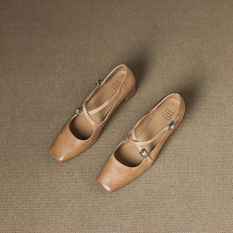 Women's Washed Leather Block Heel Mary Janes Corvine