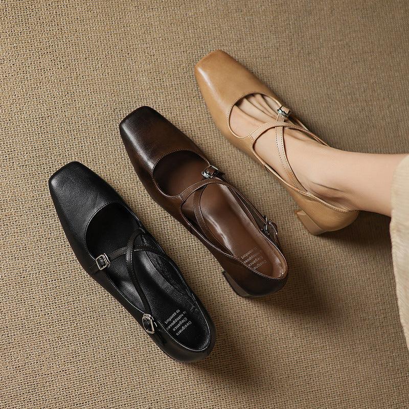 Women's Washed Leather Block Heel Mary Janes Corvine