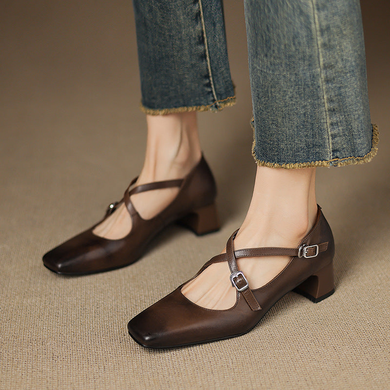 Women's Washed Leather Block Heel Mary Janes Corvine