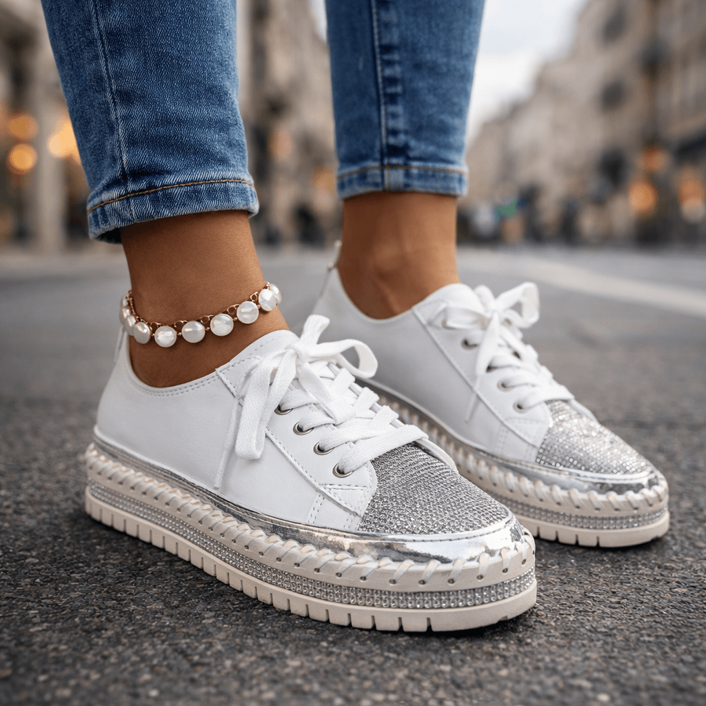 Women's White Crystal-Accented Casual Trainers Corvine