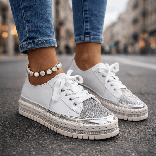 Women's White Crystal-Accented Casual Trainers Corvine