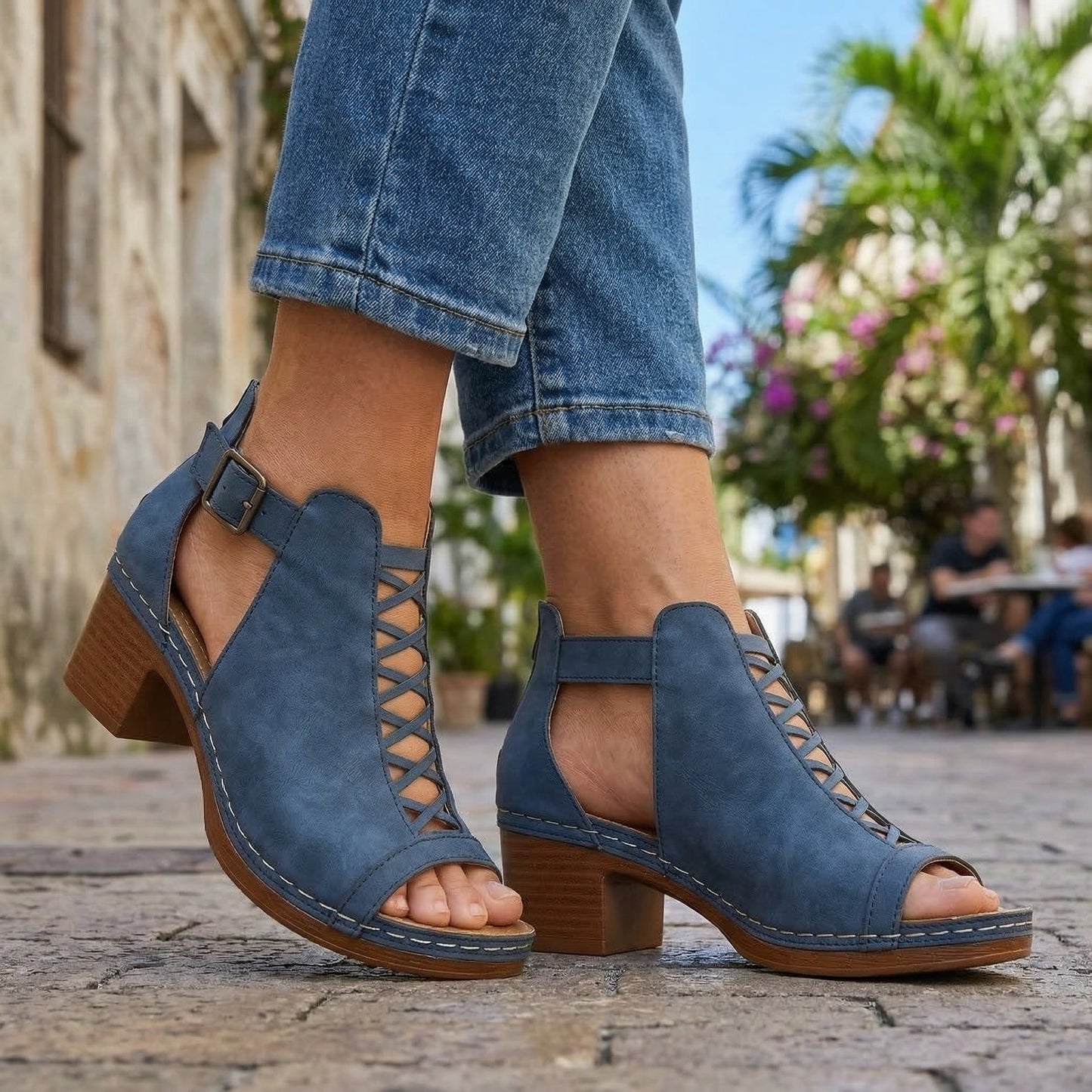 Women's White Open Toe Buckle Heels Corvine