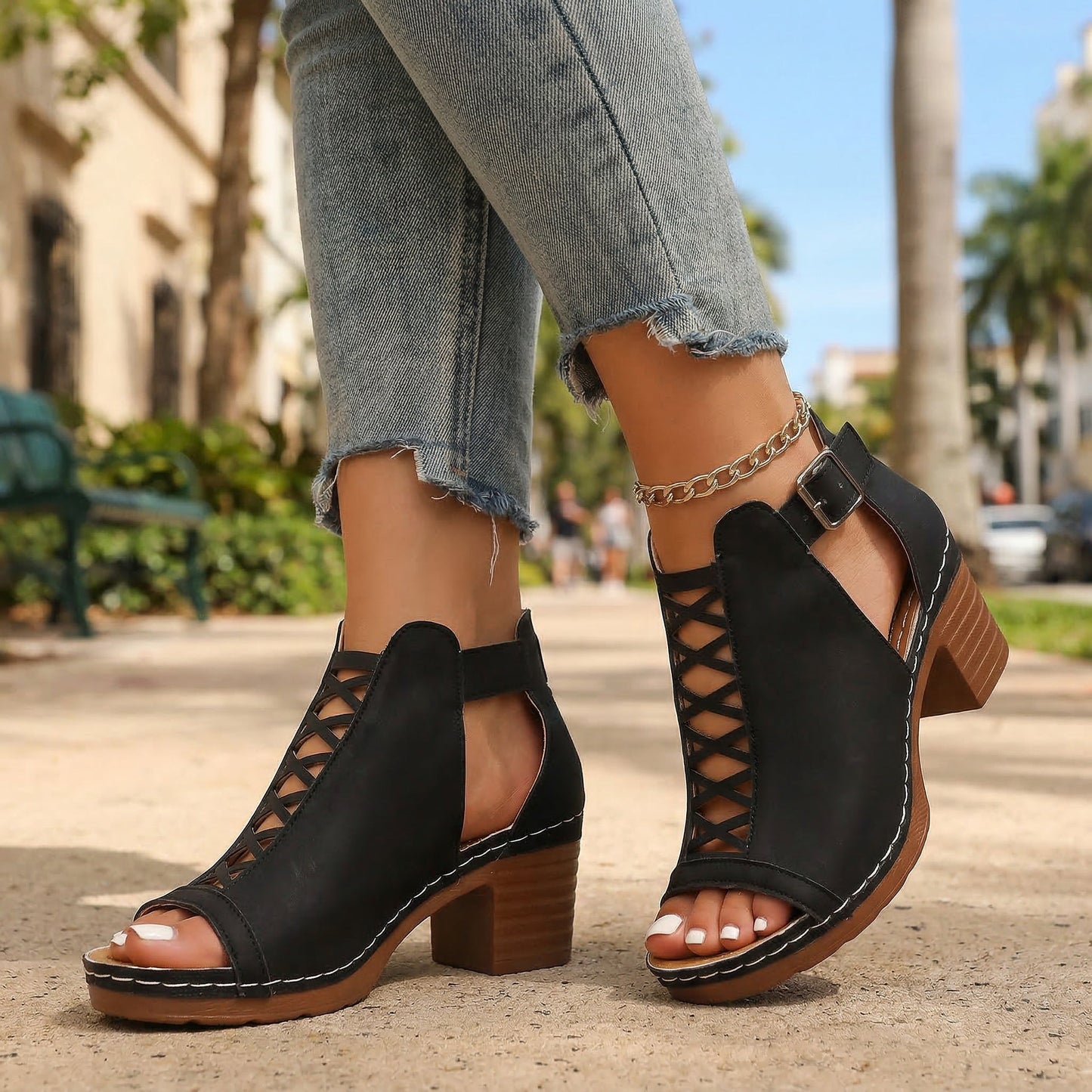 Women's White Open Toe Buckle Heels Corvine