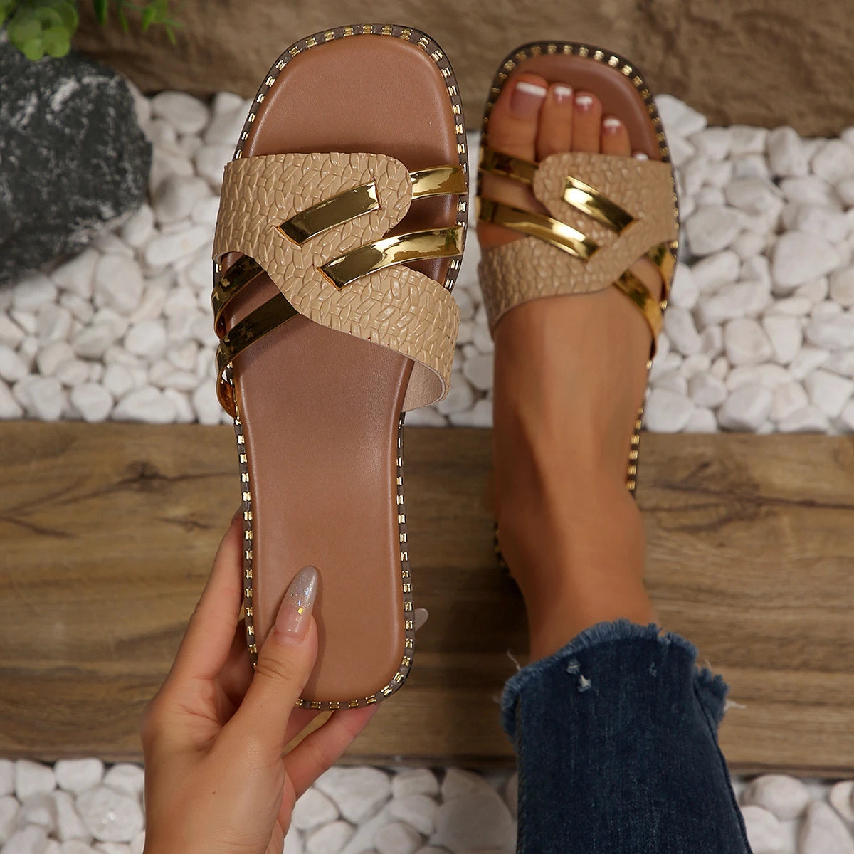 Women's Woven Strap Open Toe Slides Corvine