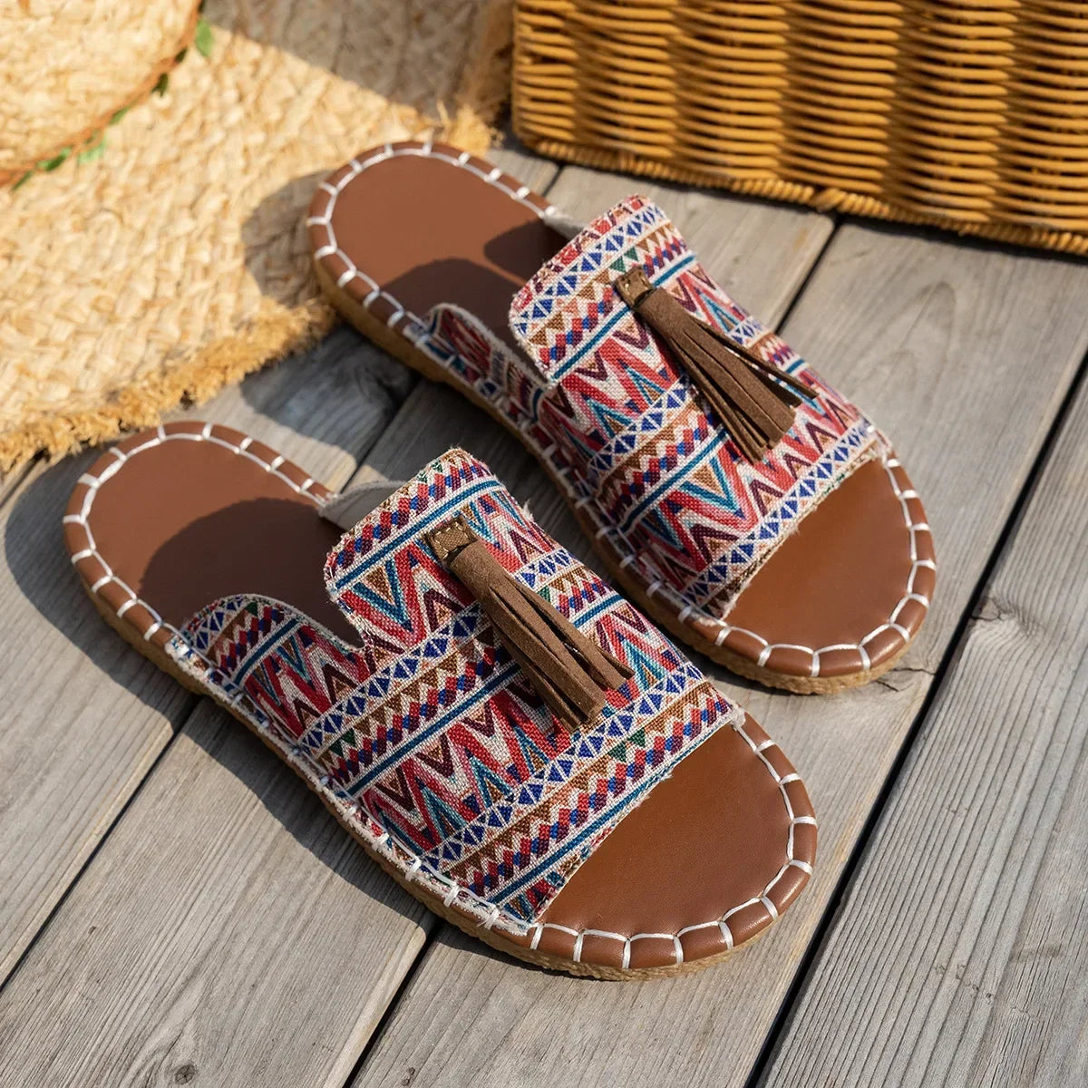 Women's Woven Textile Open-Toe Tassel Flats Corvine