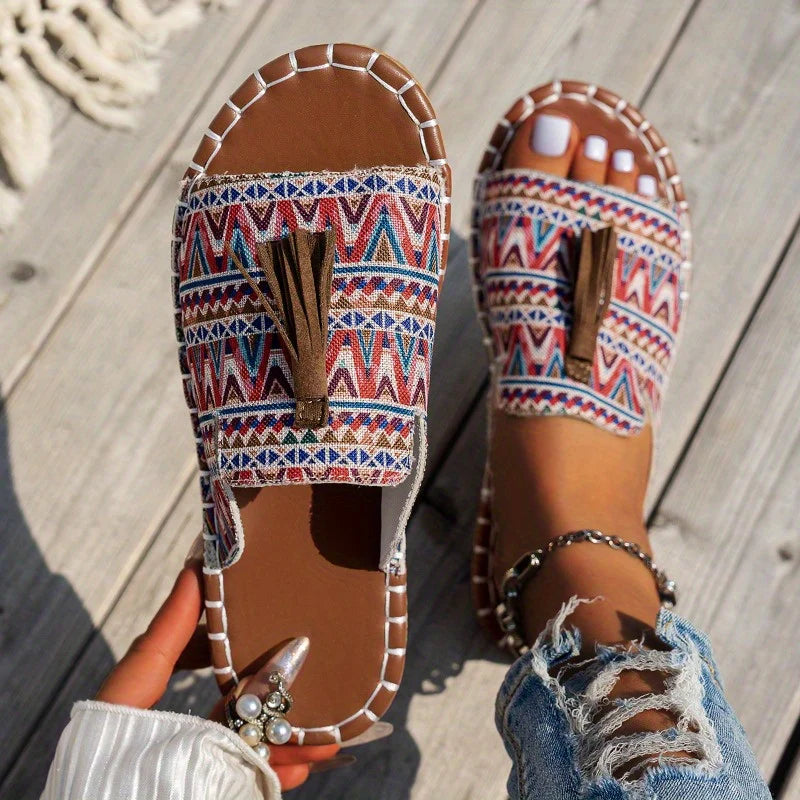 Women's Woven Textile Open-Toe Tassel Flats Corvine