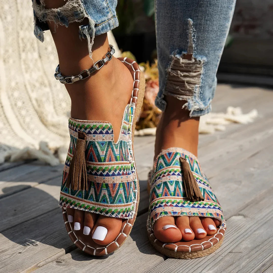 Women's Woven Textile Open-Toe Tassel Flats Corvine