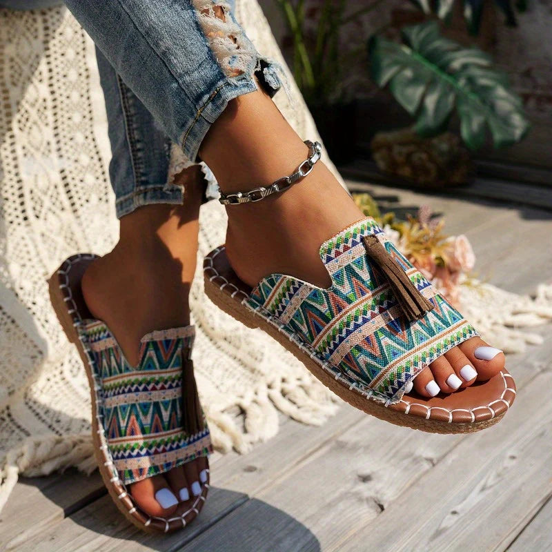 Women's Woven Textile Open-Toe Tassel Flats Corvine
