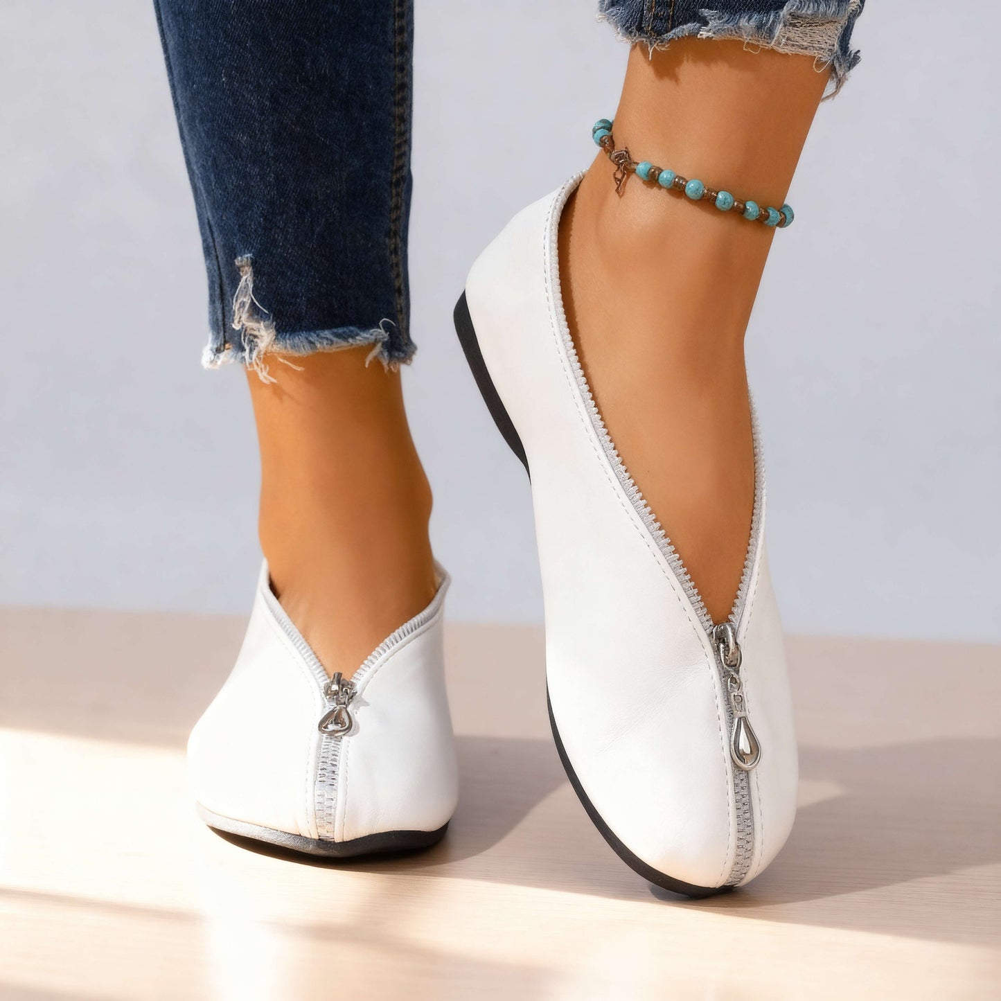 Women's Zipper Detail Black Flats Corvine